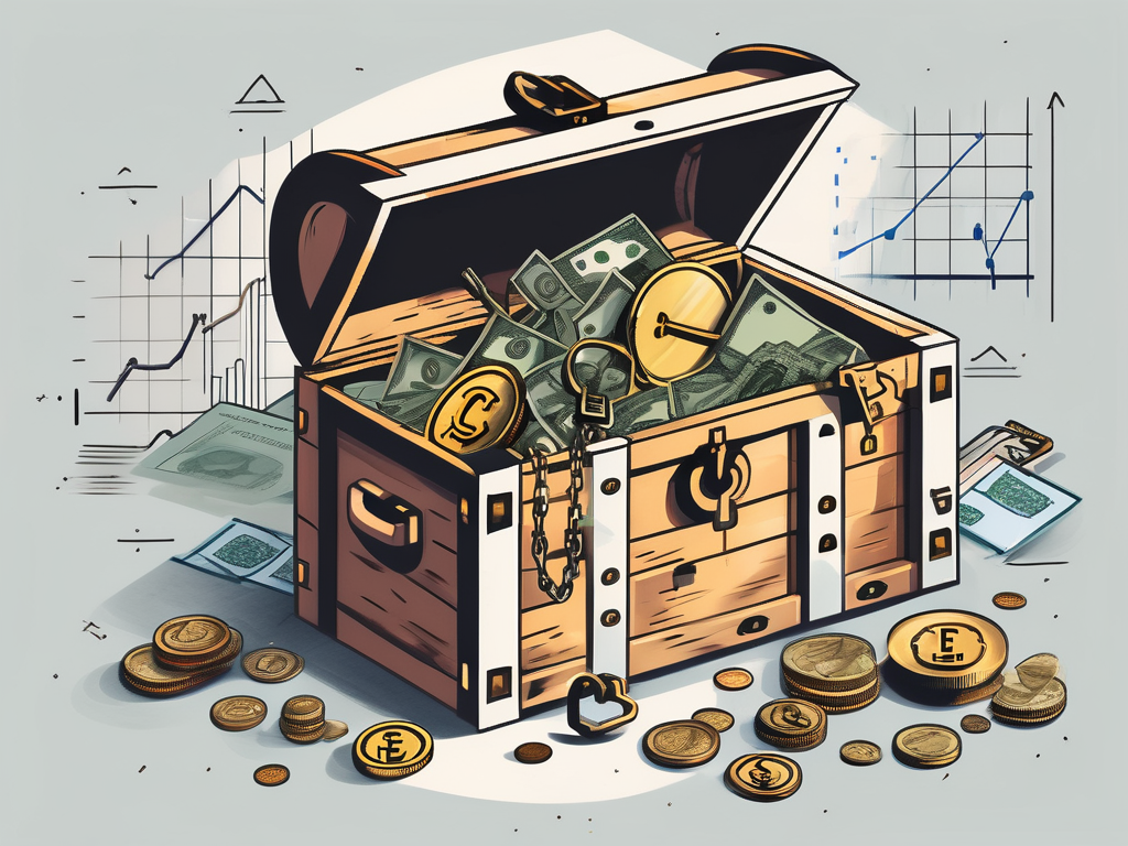 A large key unlocking a treasure chest that's overflowing with financial symbols like currency